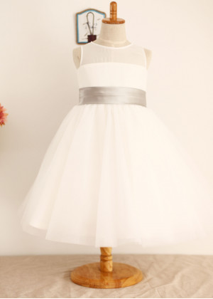 Sheer Neck Ivory Chiffon Tulle Cute Flower Girl Dress